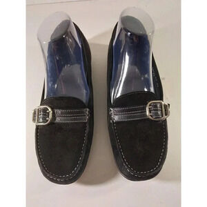 Cole Hann Black Suede Loafers Gold Buckle Accent Sz 9.5 AA